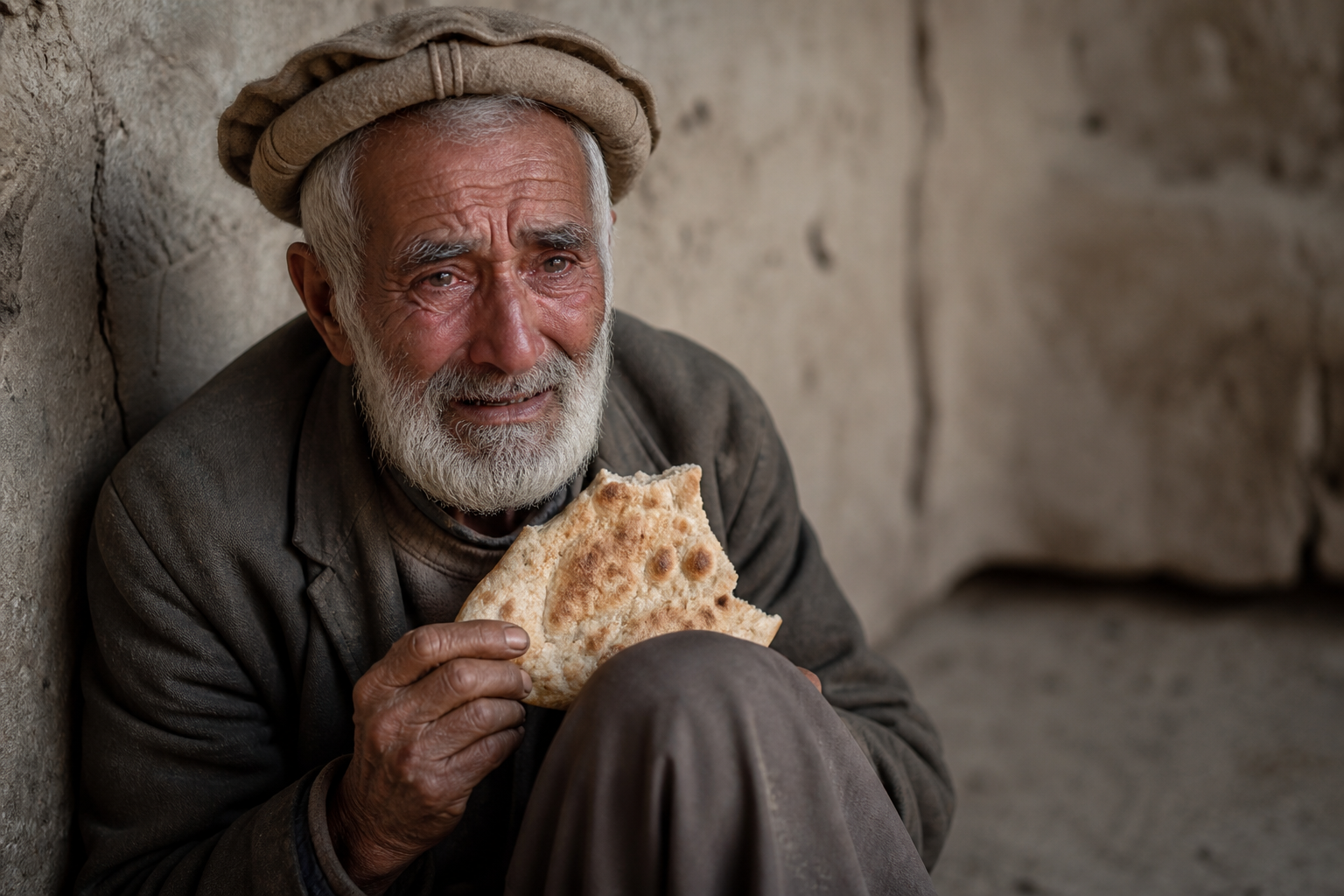 An elderly Afghan man with an emotional expression, holding simple bread — a reminder that one meal can mean everything