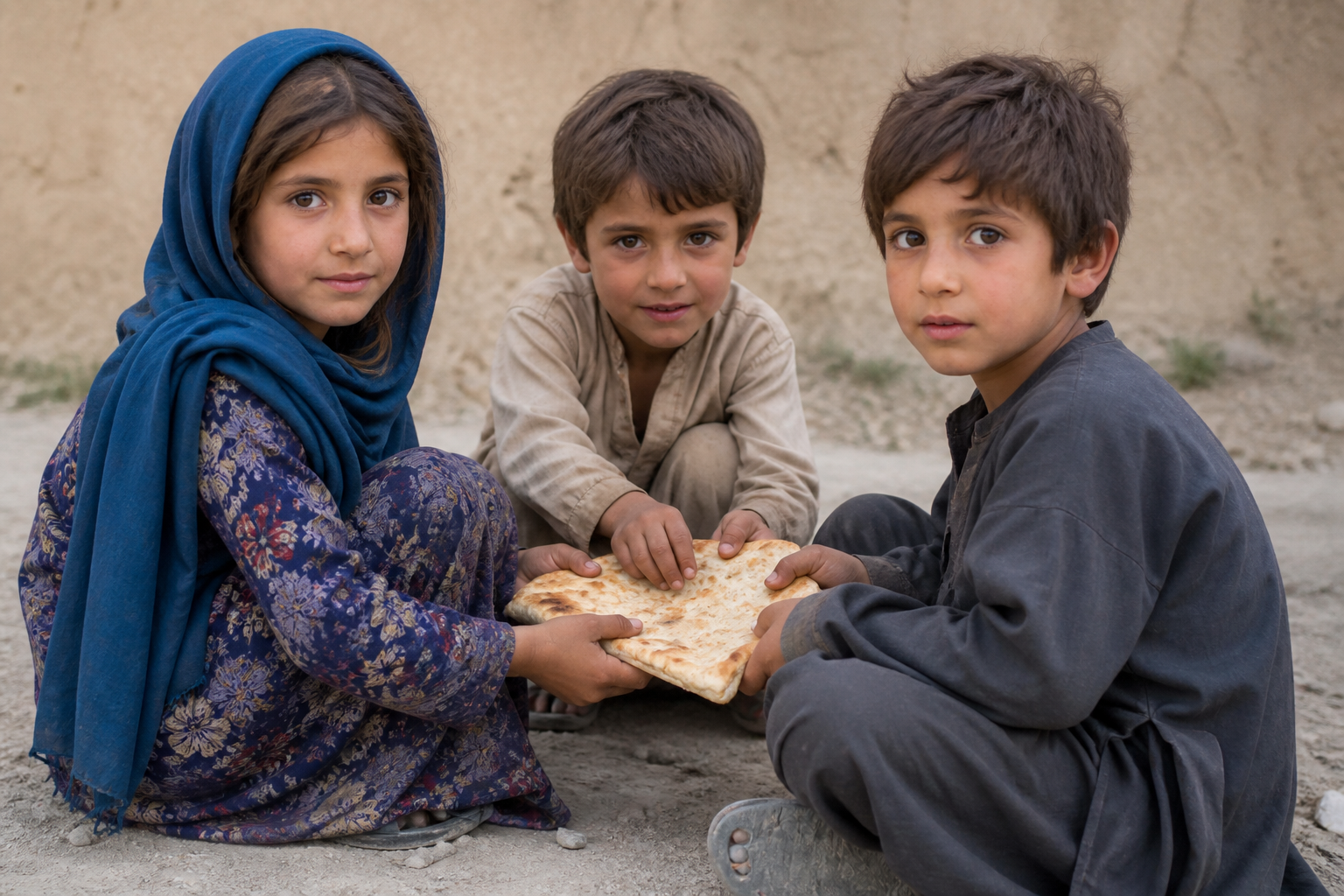 Afghan children sharing a small piece of bread — hungry, hopeful, and holding on
